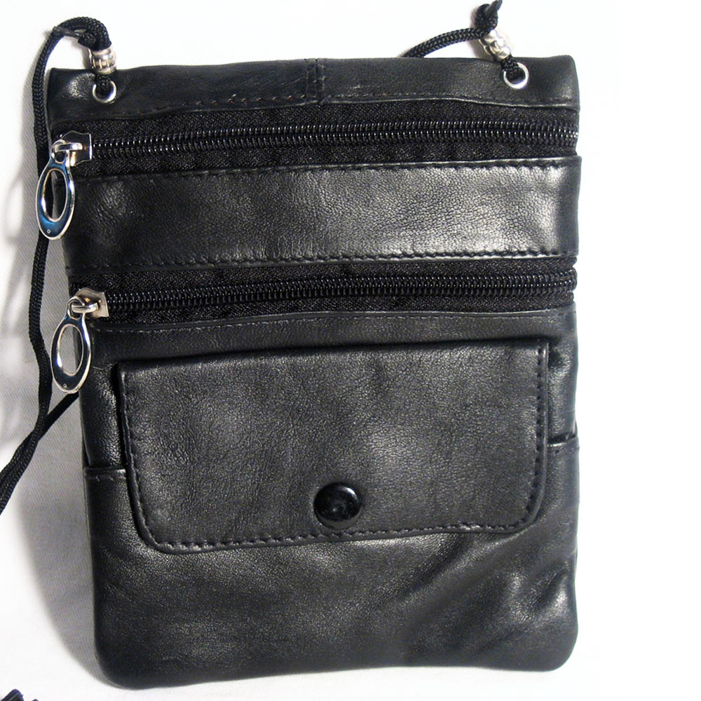 Leather Travel Neck Pouch Holder Passport ID Wallet Black Security Bag