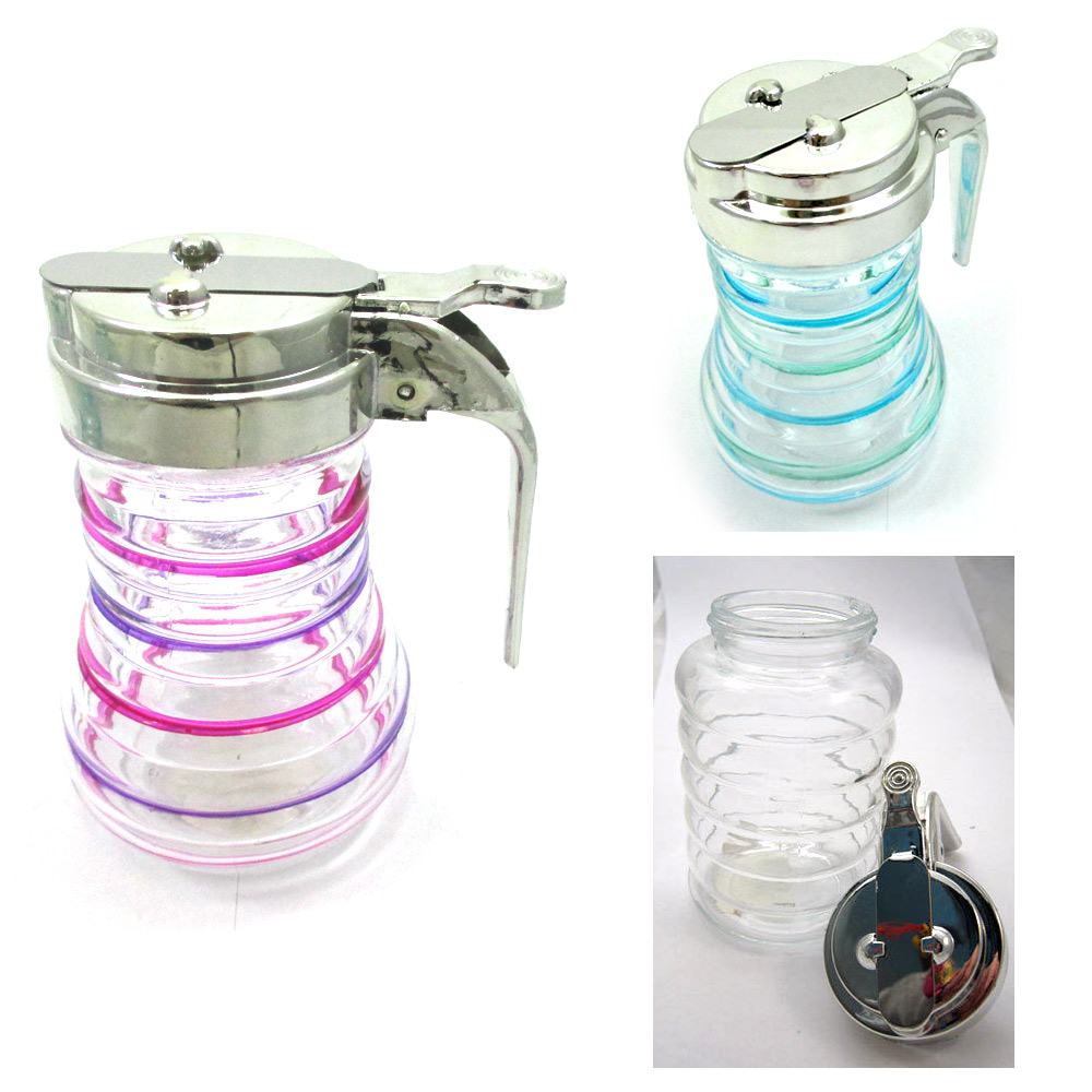 12 oz Glass Syrup Dispenser Honey Maple Jar Plastic Top Lid Sugar Clear