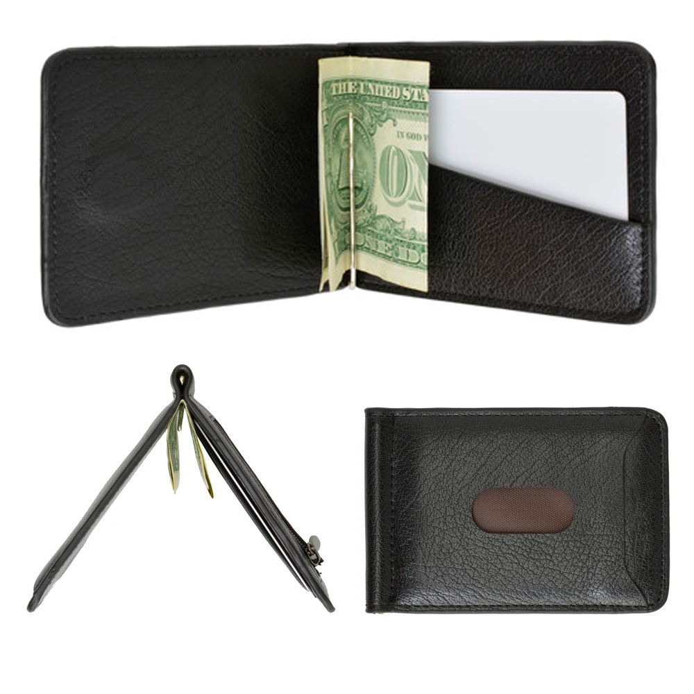 Mens Genuine Leather Money Clip Slim Wallet Magnetic Black ID Credit Card Holder | eBay