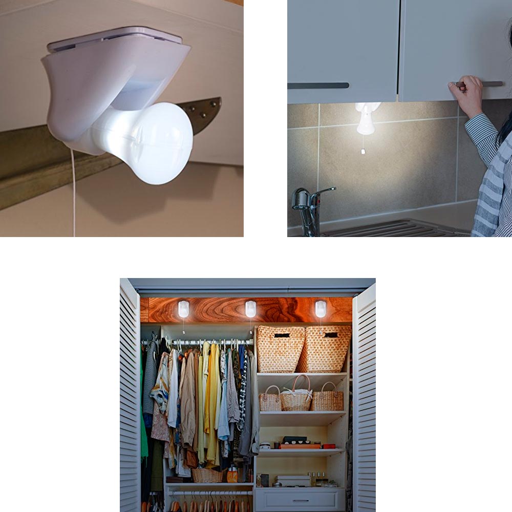 3 Bright Light LED Stick Up Pull Chain Battery Powered Bulb Portable